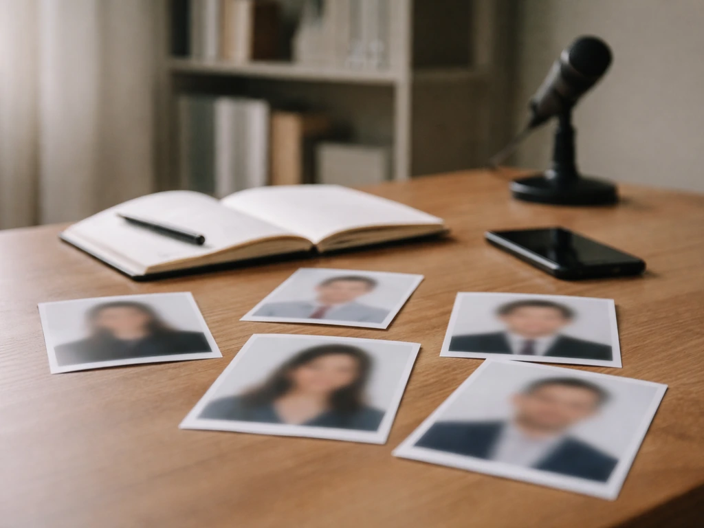 Minimal office desk with blurred anonymous photo cutouts, notebook, smartphone, and a small studio microphone.