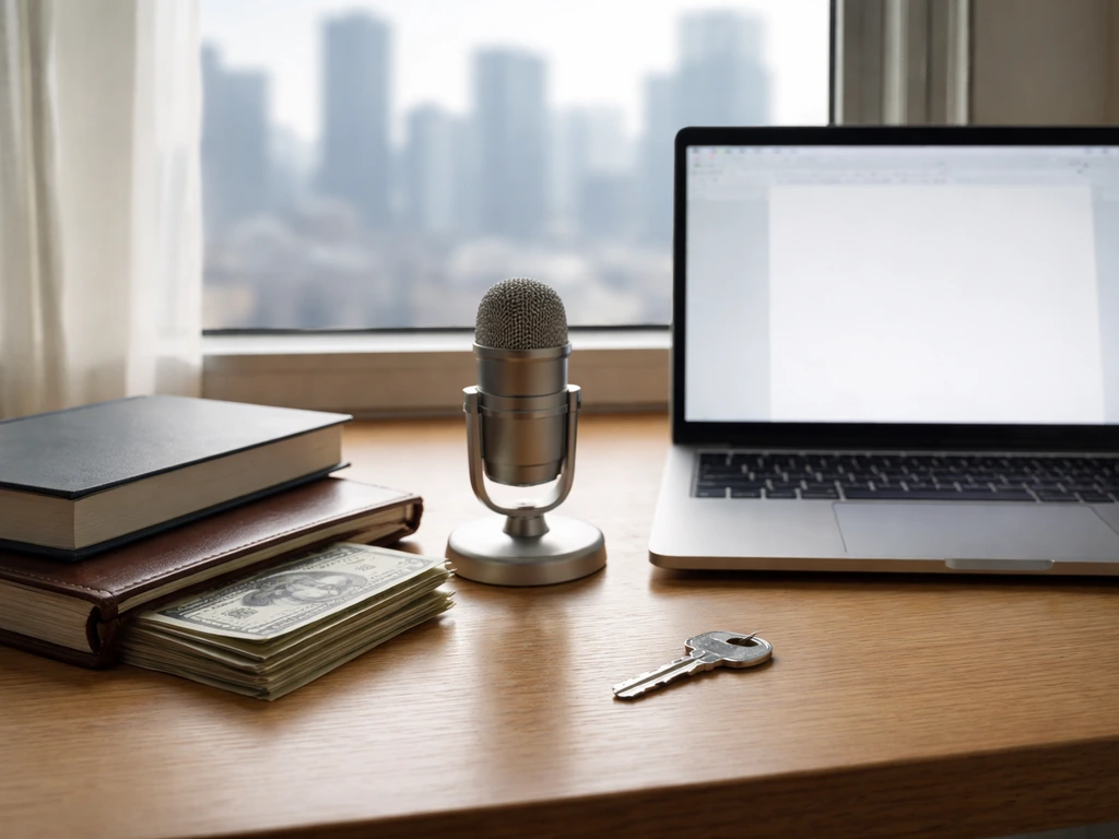 Minimal desk scene with book, microphone, money, and keys beside a windowed city view.