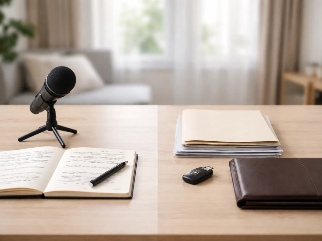 Split view of a desk with a microphone and financial papers, symbolizing income vs asset estimation