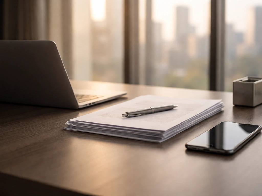 Minimal finance desk scene with a laptop and documents suggesting a net worth estimate context