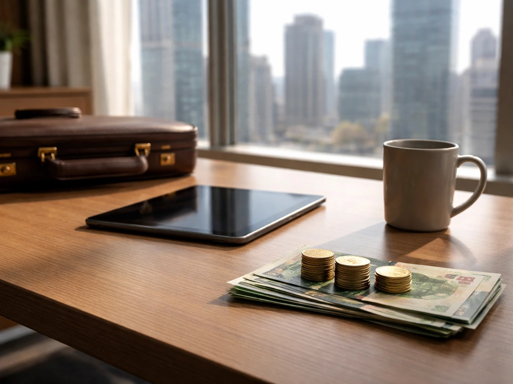 Minimal office scene with a finance executive desk and money-related ambience, symbolizing a net worth range analysis.