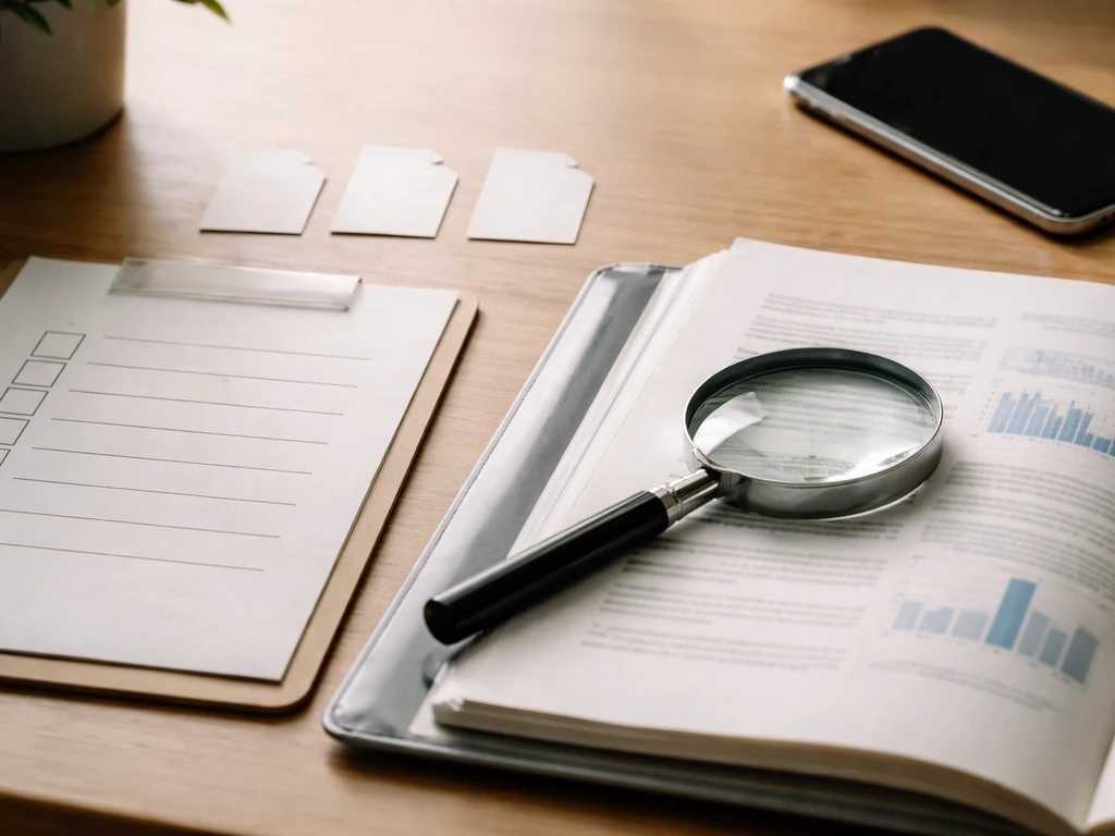 Minimal photo of a desk with printed annual report pages, a magnifying glass, and paper checklist
