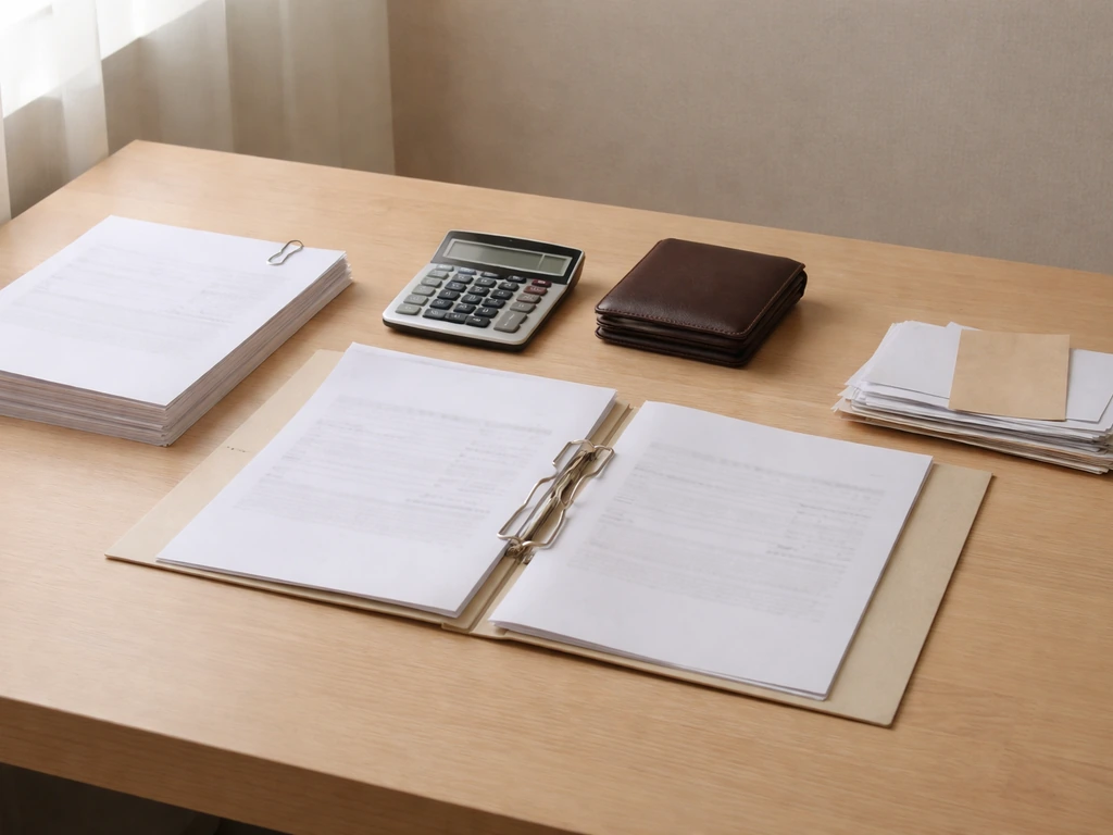 Minimal office desk with scattered documents and a calculator beside a closed wallet, symbolizing assets minus liabiliti