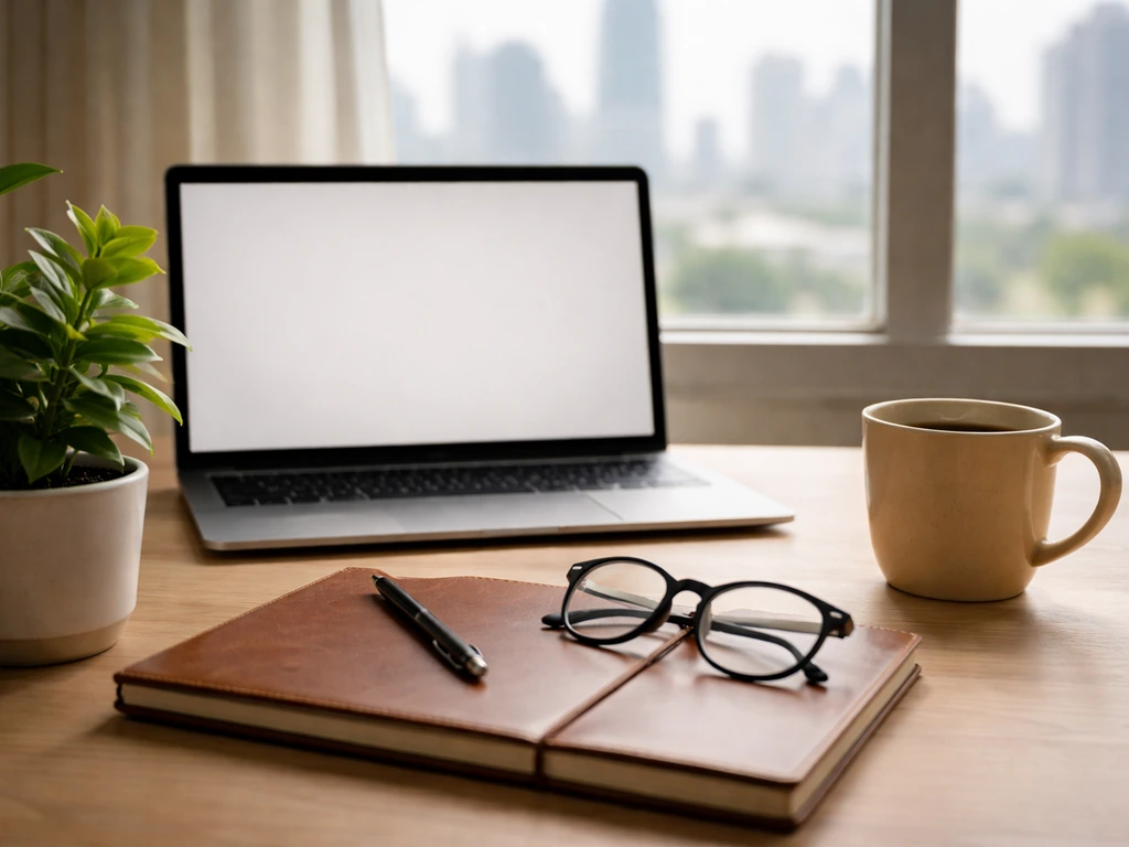 Minimal office desk with laptop, small plant, coffee, and notebook—symbolic of funding and sustainability work