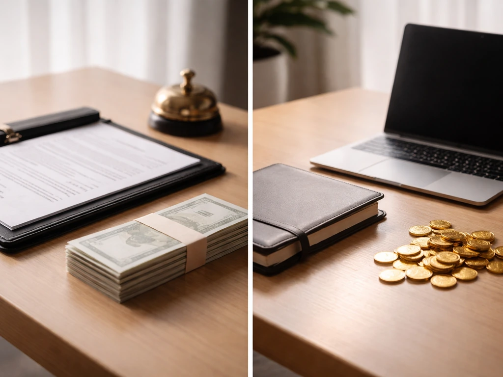 Minimal desk scene with a split view of business money symbolism: documents, coins, and an equity-like glow