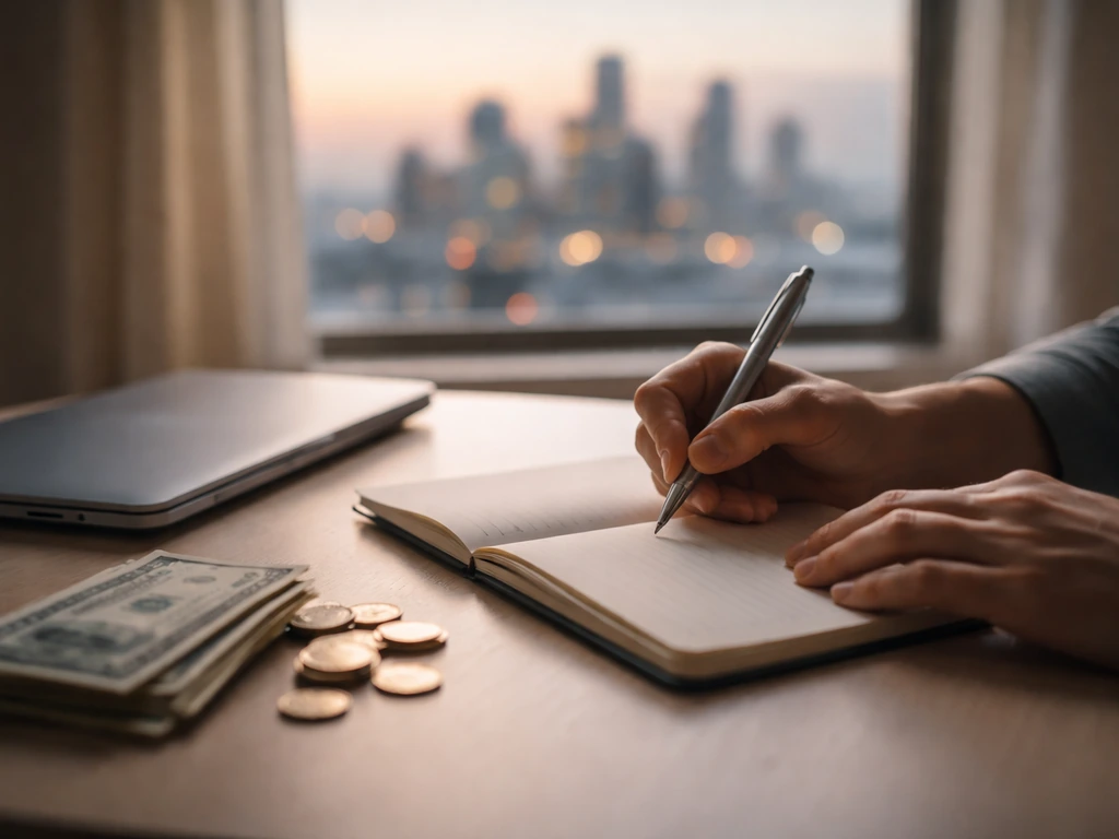 Minimal finance-focused scene with a laptop and open notebook beside cash and a distant city skyline at dusk.