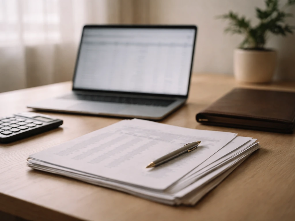 Anonymous desk with open laptop, calculator, and financial documents suggesting net worth research