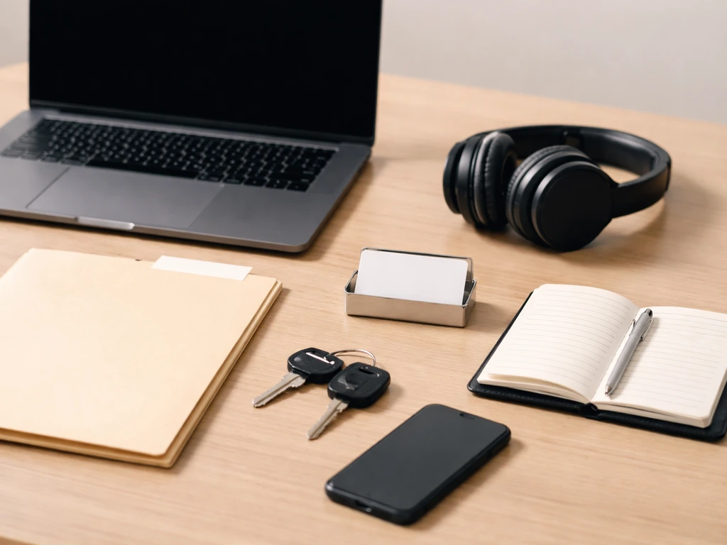 Minimal desk collage with laptop, headphones, and blank documents suggesting choosing the right identity.