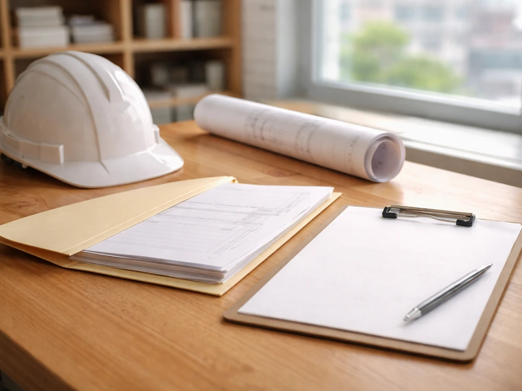 Construction office desk with hardhat and blueprint-style paperwork beside a clipboard and folder