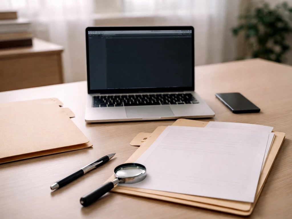 Desk with laptop, documents, magnifying glass, and pen suggesting self-checking public financial filings.