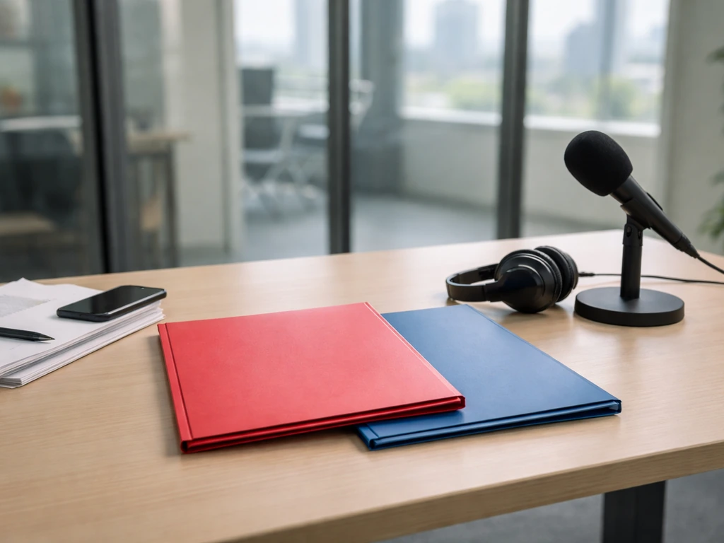 Minimal office desk with folders, phone, and microphone symbolizing identifying the right person.