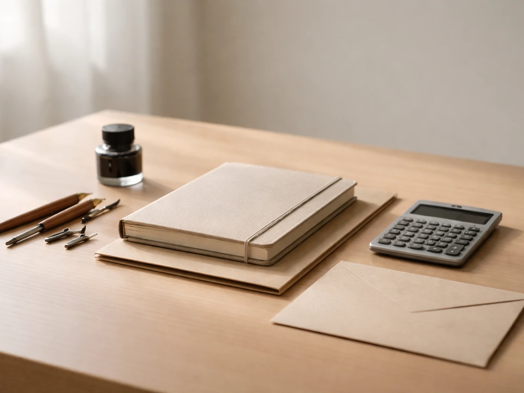 Minimal studio desk with calligraphy tools and a small envelope beside a calculator and notebook