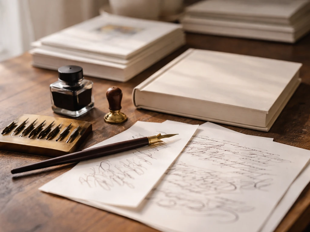 Close-up of calligraphy tools, ink, prints, and a blank book cover suggesting intellectual property.