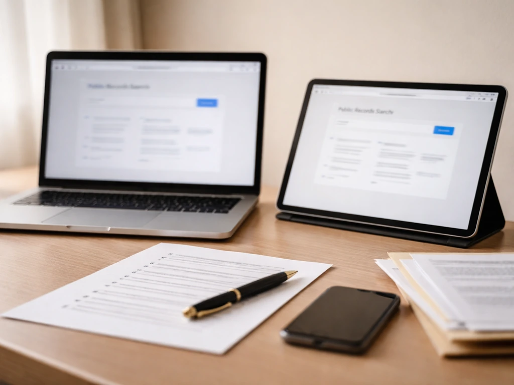 Minimal desk scene with laptop and tablet open to generic browser pages, plus an unreadable net-worth checklist.