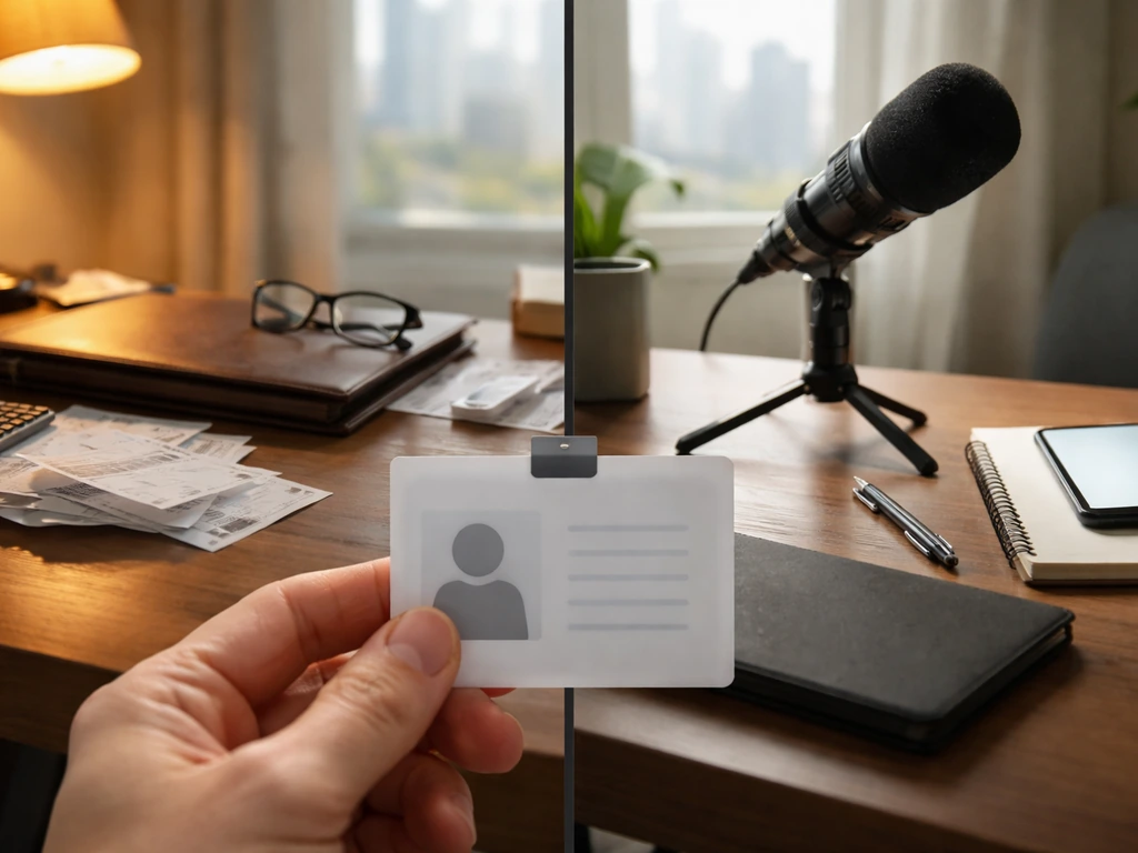 Minimal office scene with two blurred folders and a smartphone, suggesting identity verification before researching net