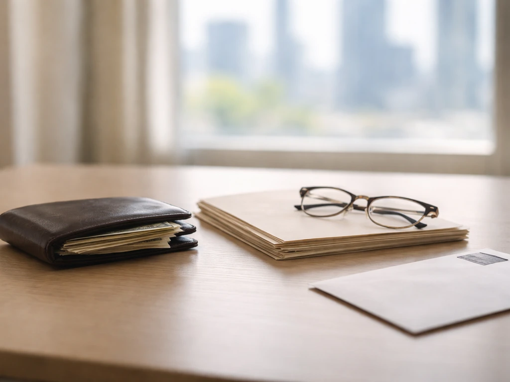 Minimal office desk scene showing money and documents to symbolize assets minus liabilities concept