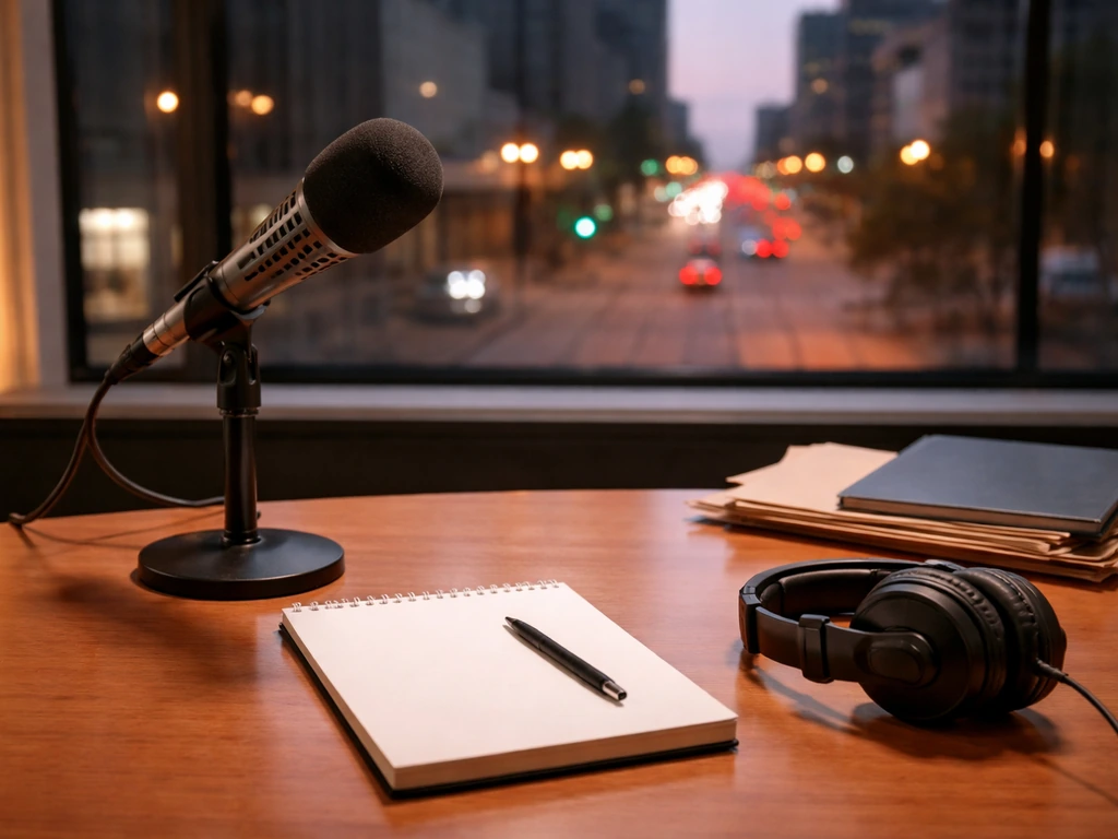 Empty newsroom desk with microphone and broadcast-style lighting in a muted Detroit setting