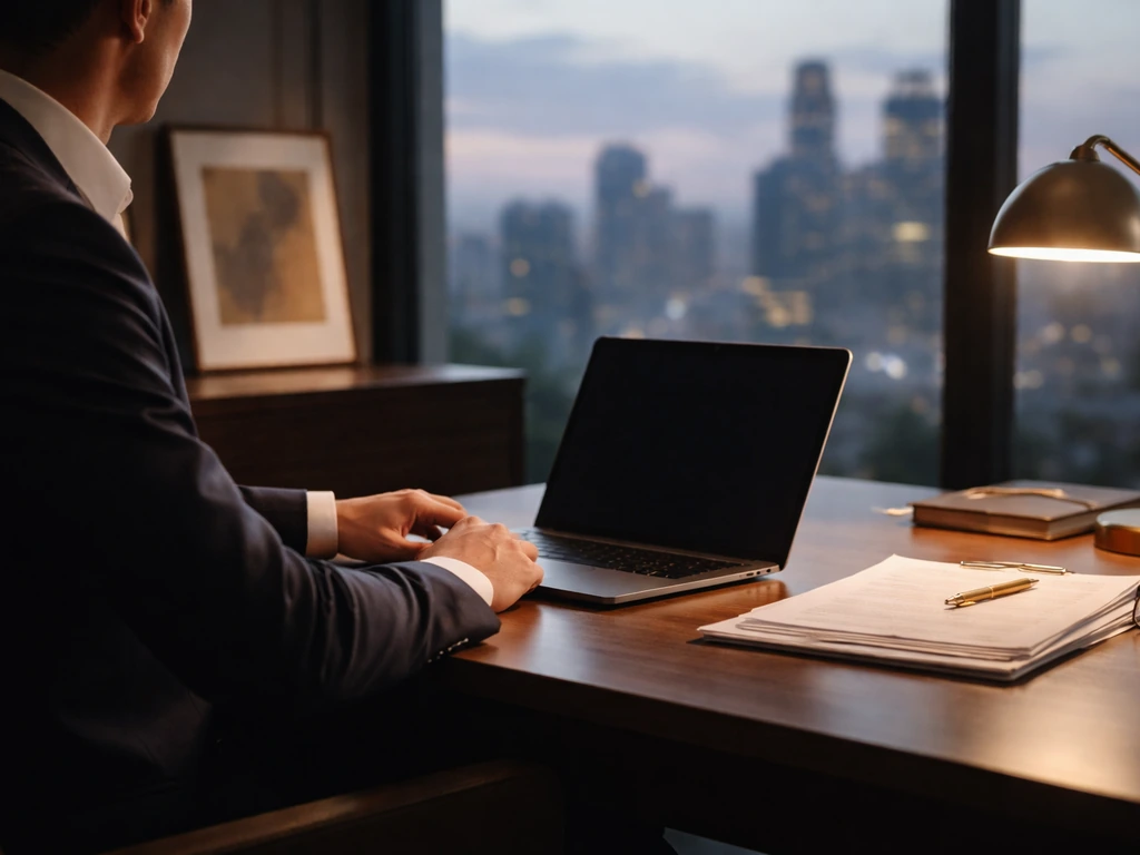 Anonymous investment banker in a quiet office near a window with city skyline bokeh, symbolizing finance and media.