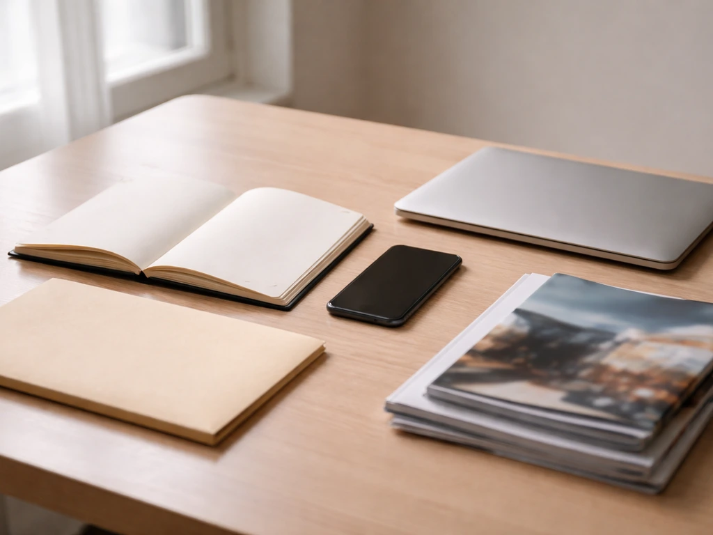 Minimal desk scene with a notebook, smartphone, and folder, symbolizing research and methodology for net worth estimates