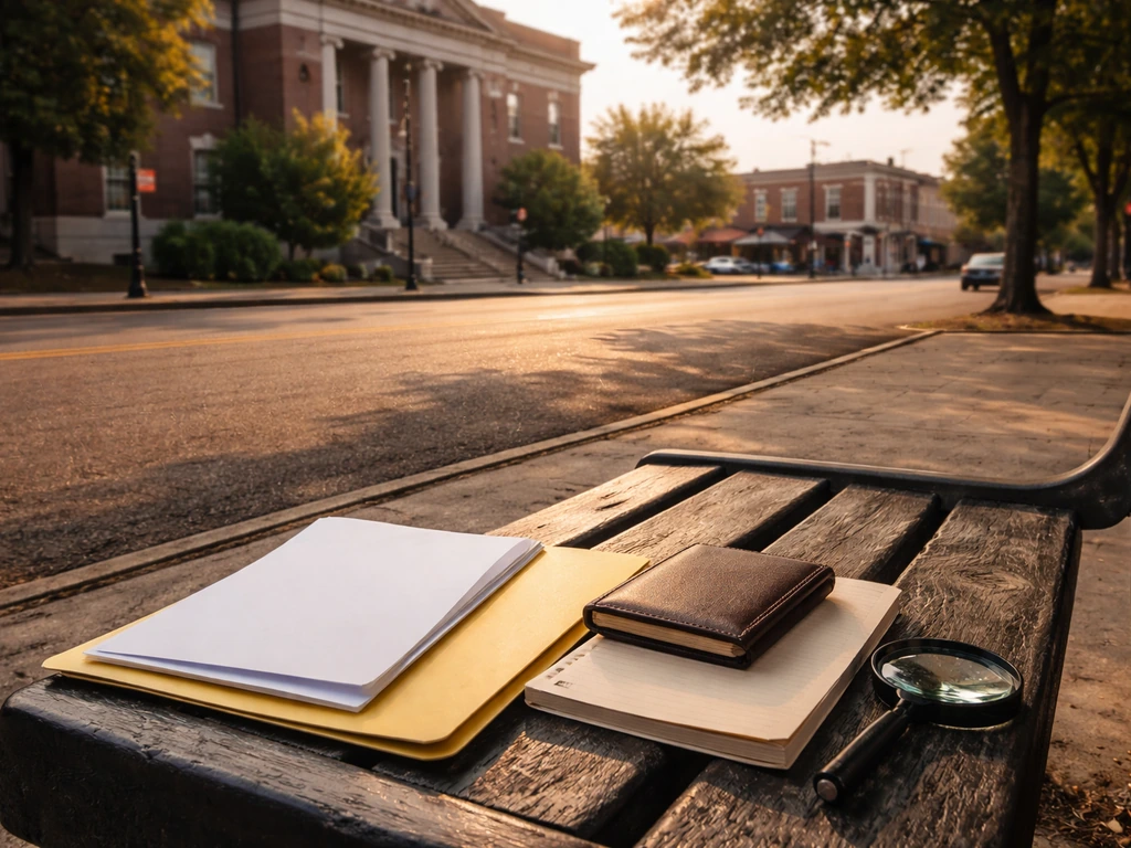 Starkville, MS street with blank folder, wallet, notebook, and a magnifying glass suggesting verification.