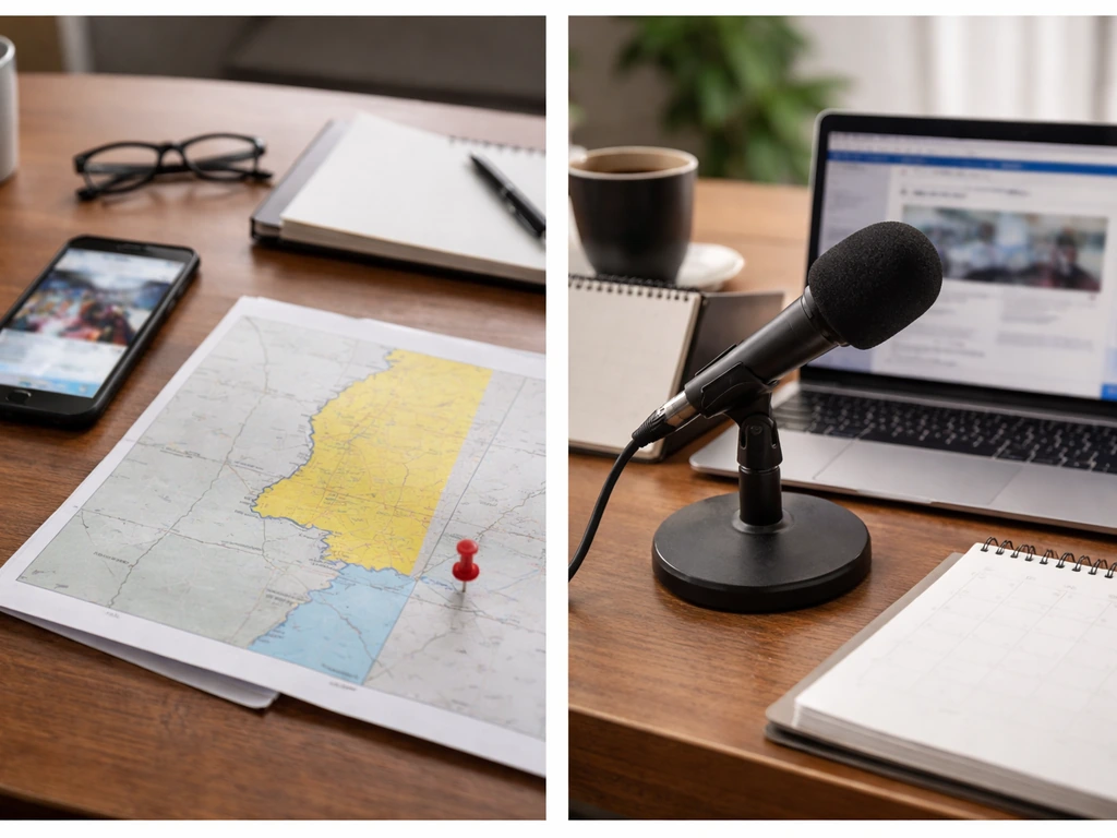 Side-by-side desk scenes showing blurred phone news, map pin, and media/finance items—symbolizing name collision.