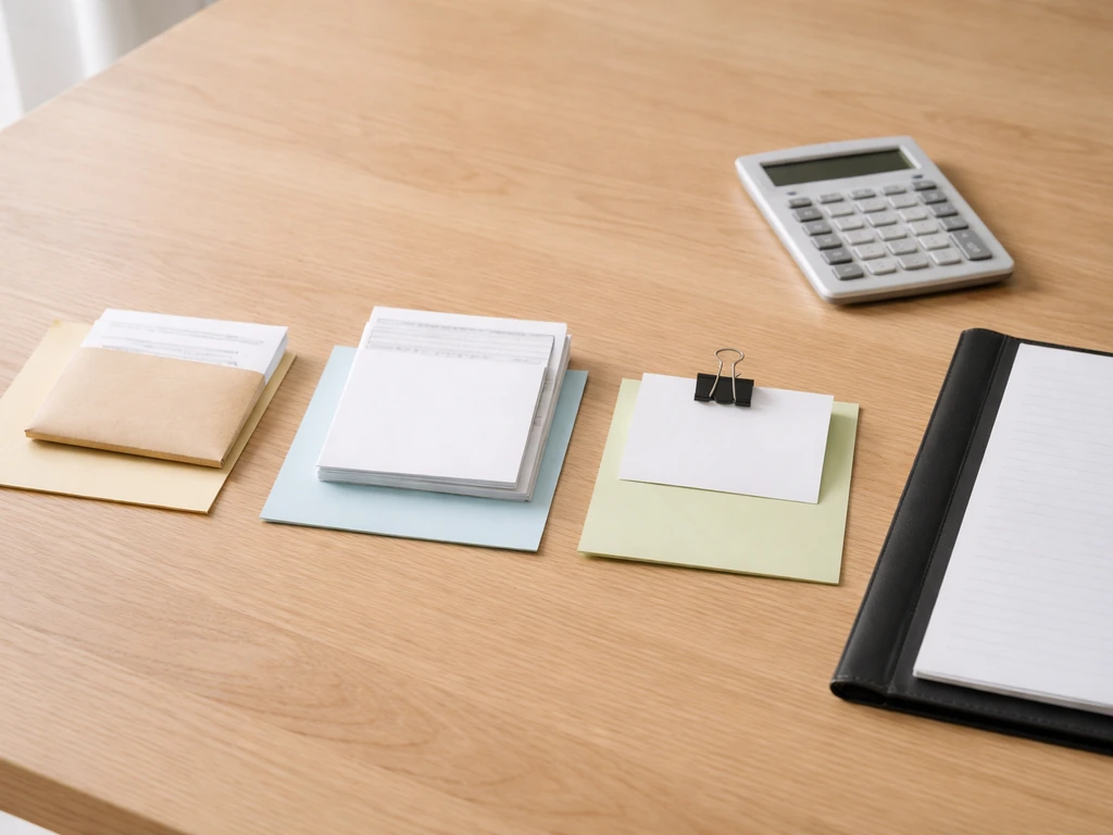 Minimal desk scene suggesting inputs to a business estimate using blank papers, calculator, and three grouped items.