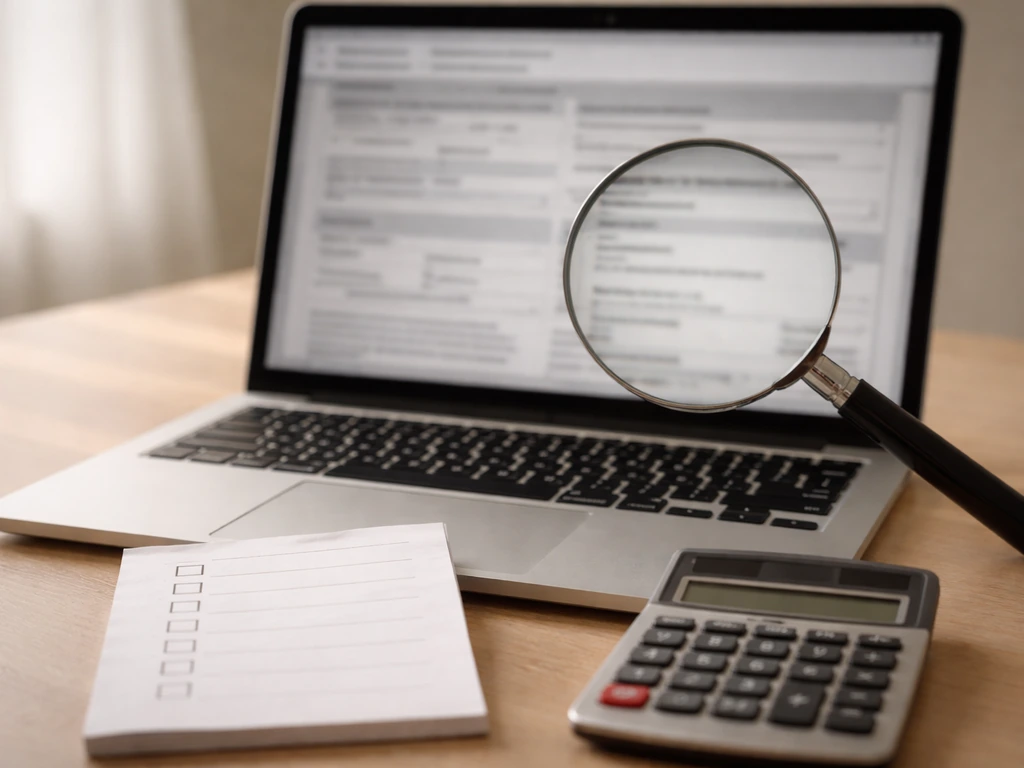 Close-up of a laptop with blurred property records, magnifying glass, and calculator on a checklist.