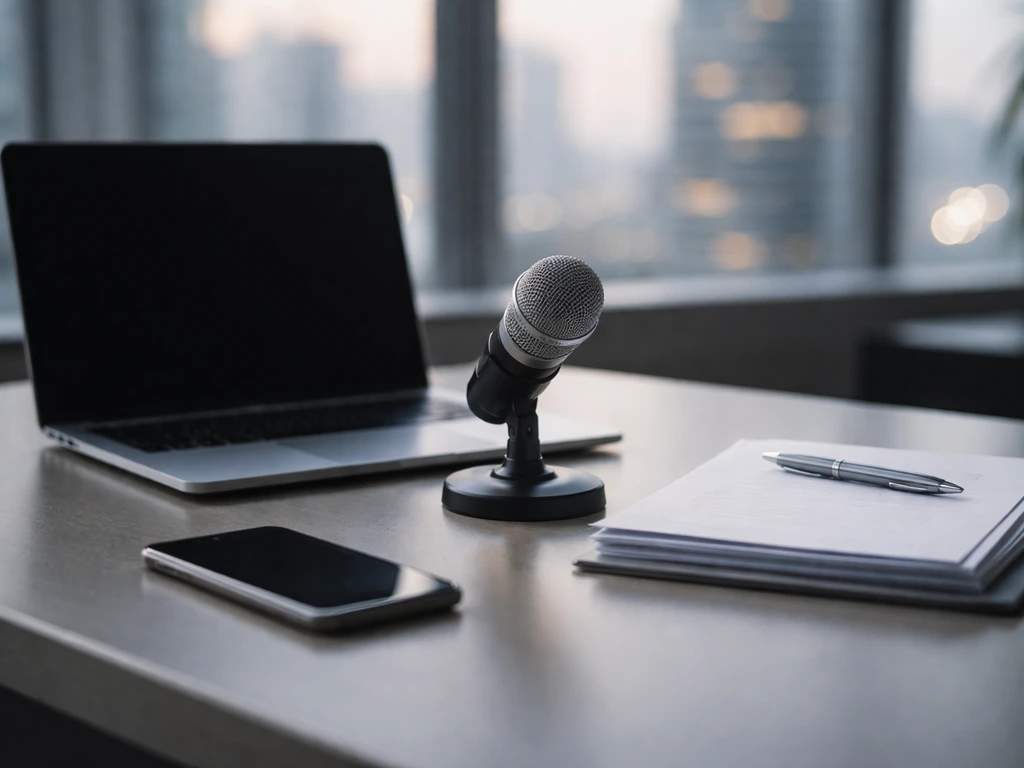Minimal corporate desk scene with laptop and microphone, symbolizing a tech executive identity context.