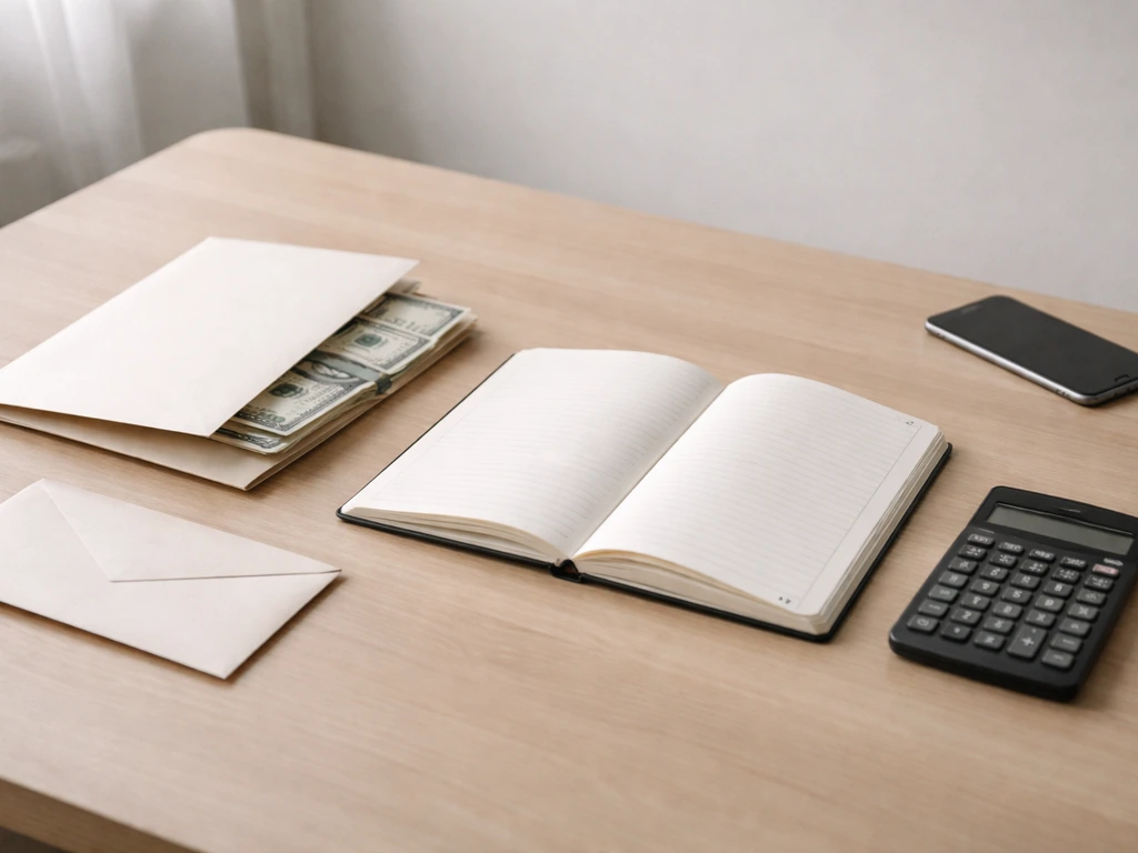 Minimal desk scene with blank ledger, calculator, cash and envelope symbolizing assets minus liabilities.