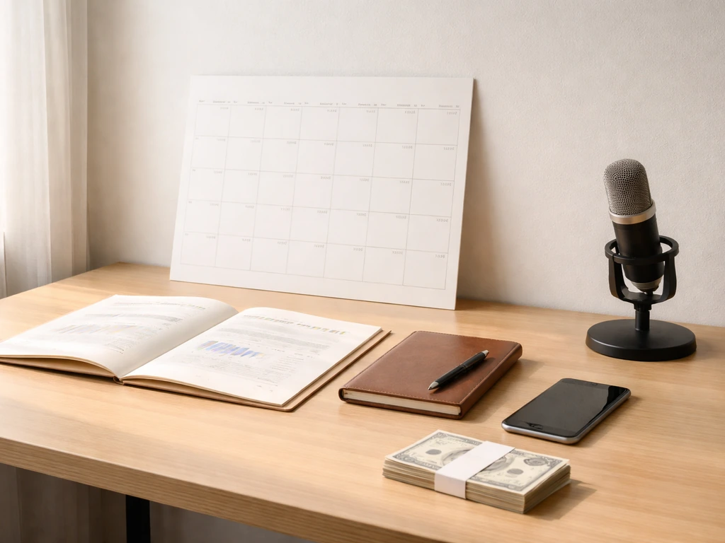 Minimal office desk with a blank timeline wall calendar, coffee, and a smartphone beside business documents
