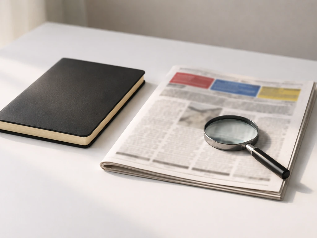 Black wealth-estimate notebook, blurred tabloid, and magnifying glass on a simple desk—verification theme.