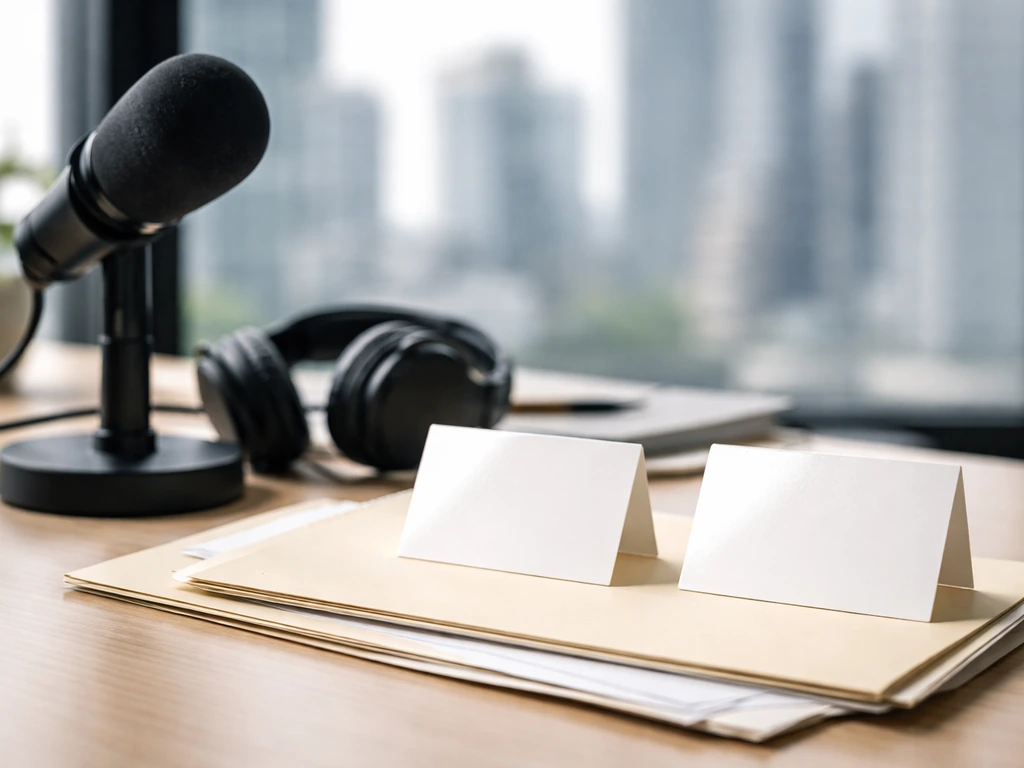 Minimal studio desk with microphone and two blank candidate namecards suggesting ambiguous identities.