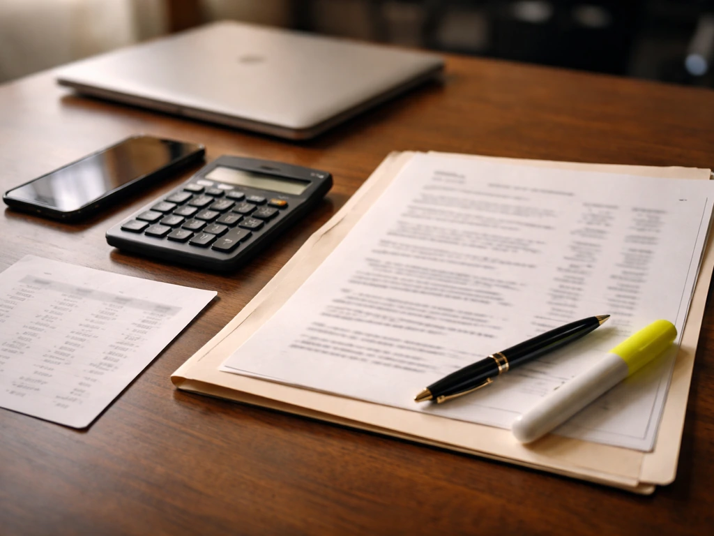 TV executive net-worth estimation scene: desk with calculator, spreadsheet, and media compensation folder.