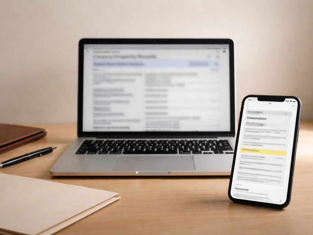 Desk photo with laptop showing a blurred assessor search and a highlighted property PDF thumbnail.