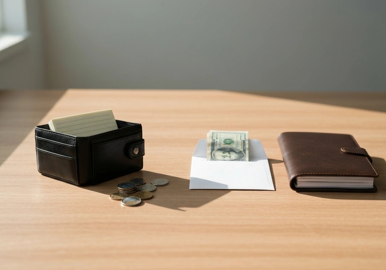 Minimal photo showing a wallet and coins beside a closed envelope, suggesting assets vs liabilities