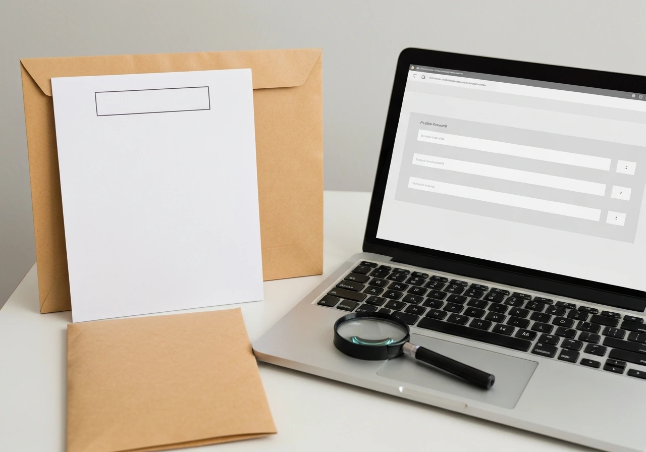 Minimal desk scene with a blank folder, envelope, laptop with empty record search layout, and magnifying glass.