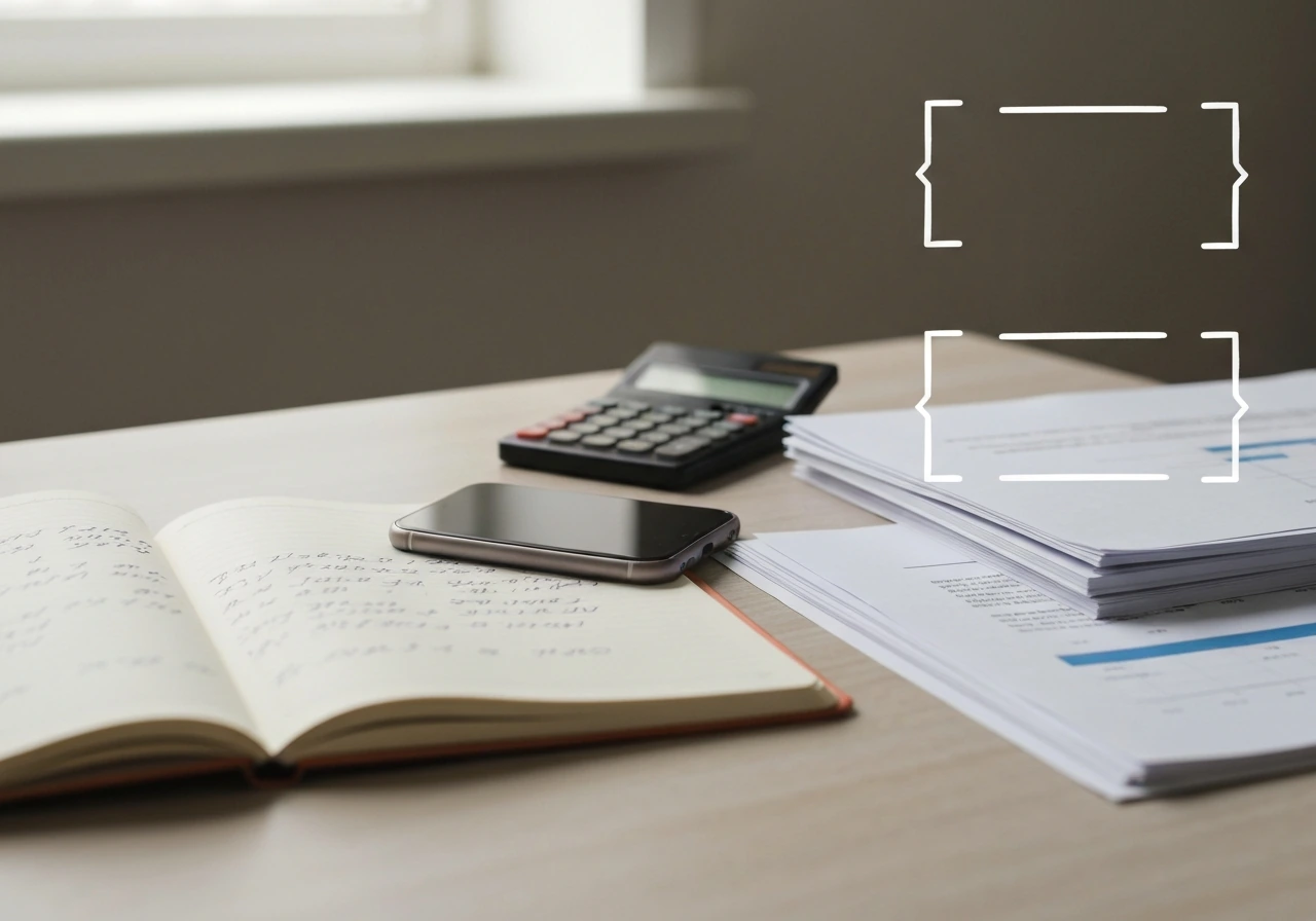 Desk scene with several open notebooks and a smartphone beside a small calculator, symbolizing comparing net-worth estim