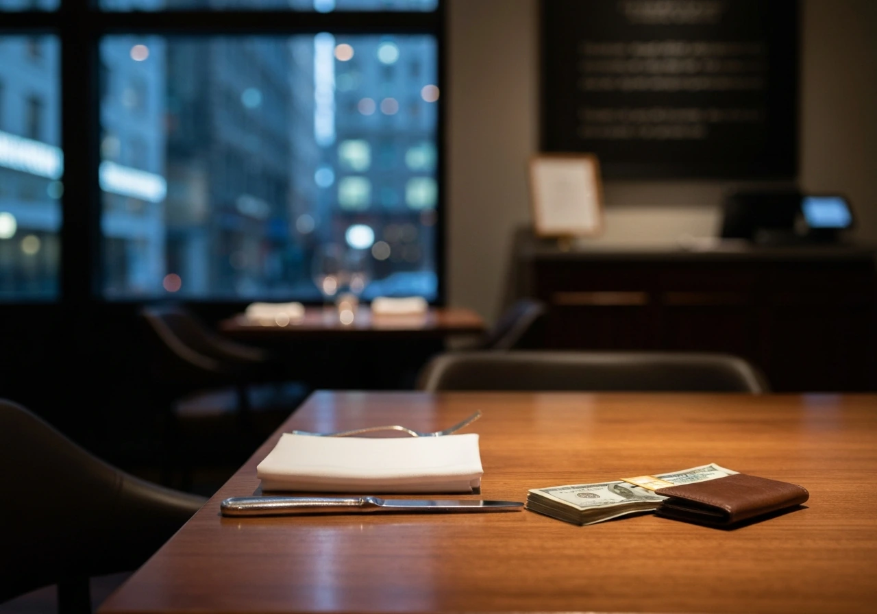 Empty luxury NYC restaurant table with cash and wallet, hinting at wealth and net worth analysis