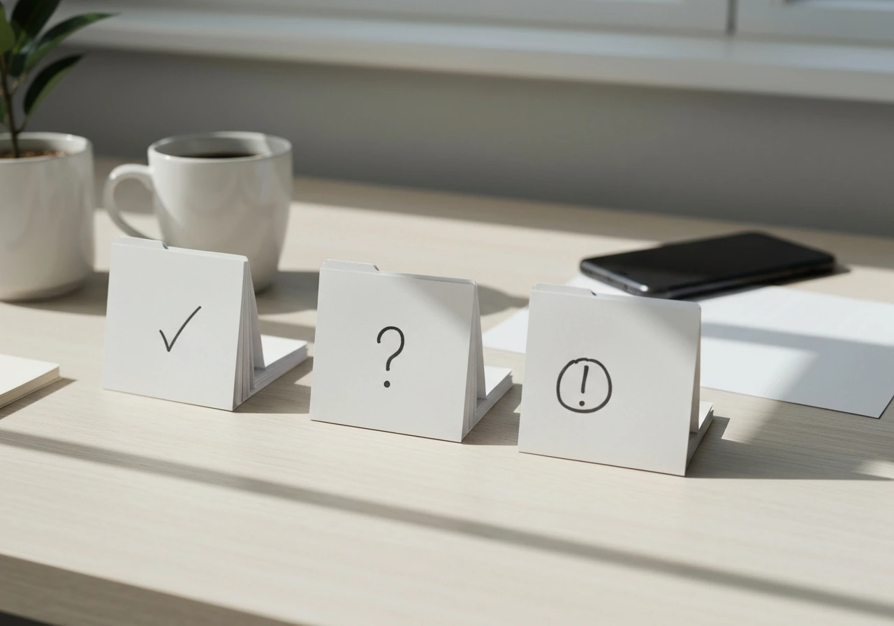 Minimal office desk with three paper folders side-by-side and simple uncertainty icons on sticky notes.