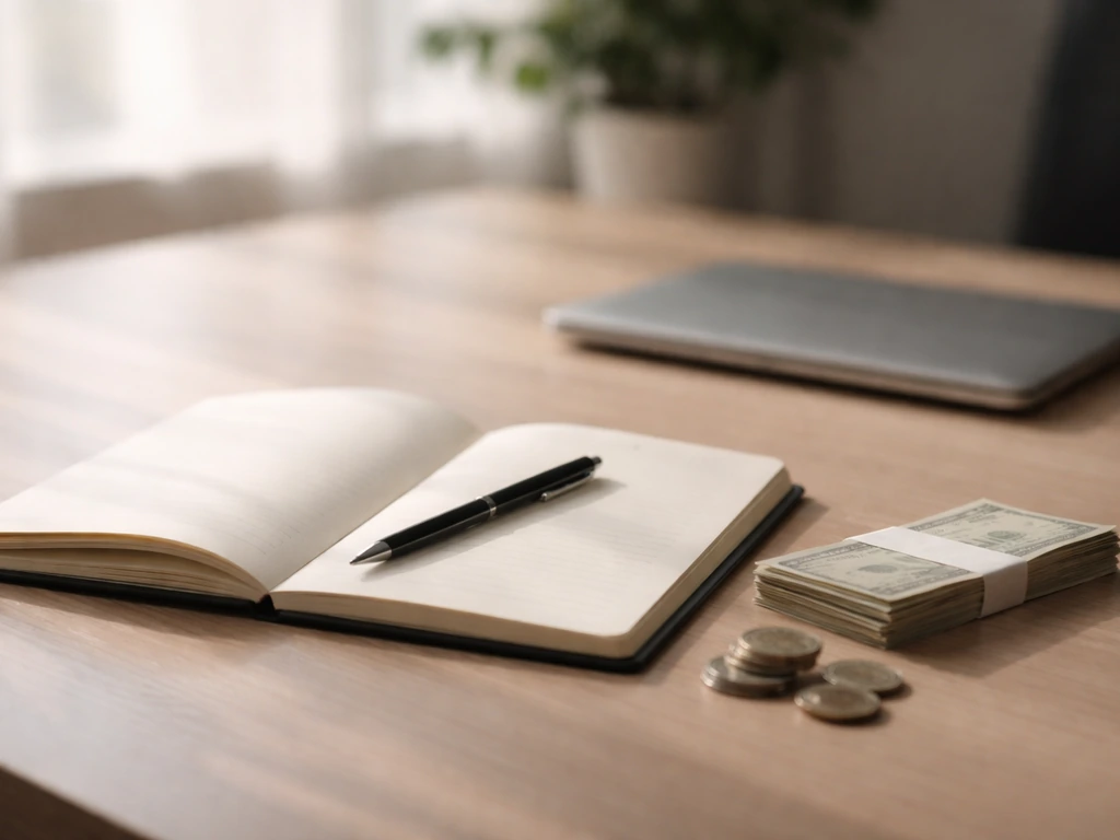 Minimal office desk with an open notebook and scattered coins beside a laptop, symbolizing a net worth estimate.