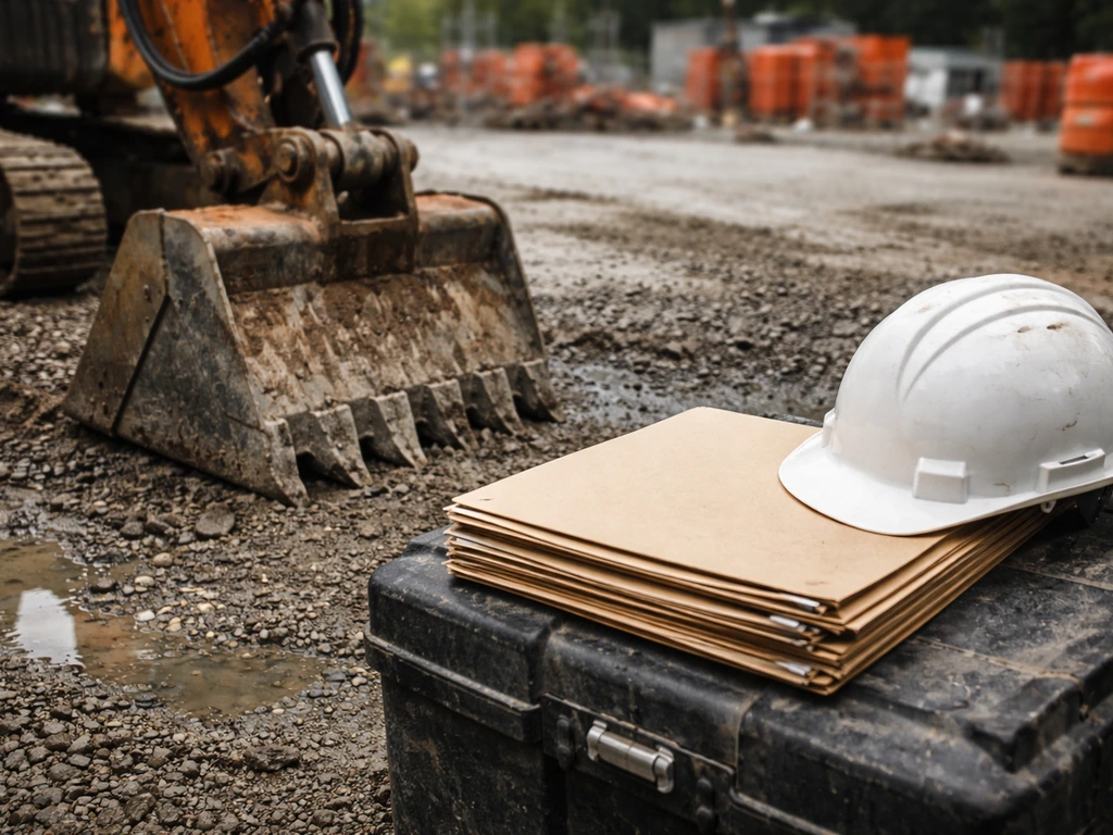 Close-up of heavy construction equipment on a jobsite with contractor folders and safety gear nearby