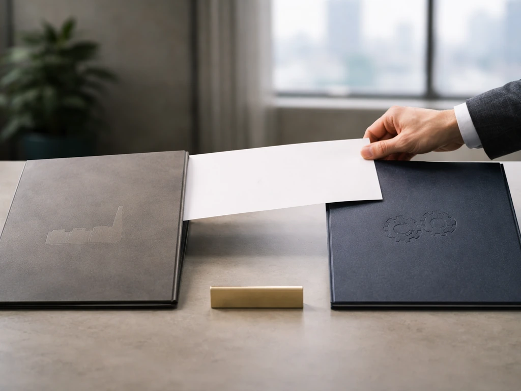Minimal office desk showing a paper handoff between two contractor folders, symbolizing an acquisition exit.