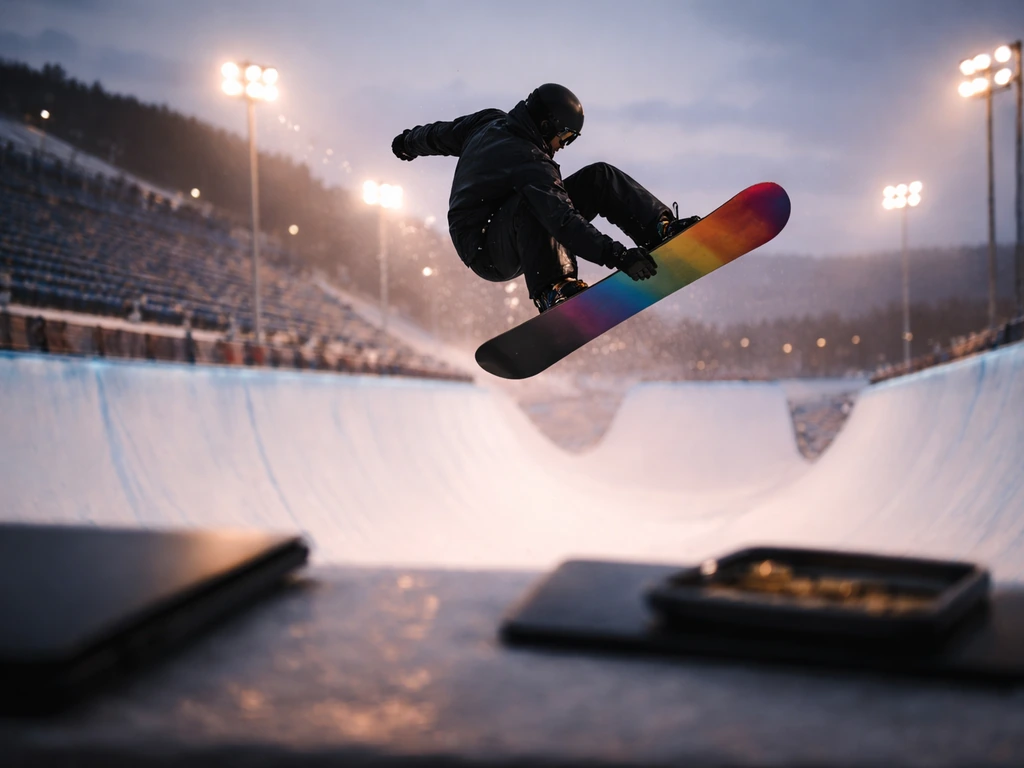 Generic snowboarder mid-air in a halfpipe at dusk, symbolic of earnings analysis without showing the person.