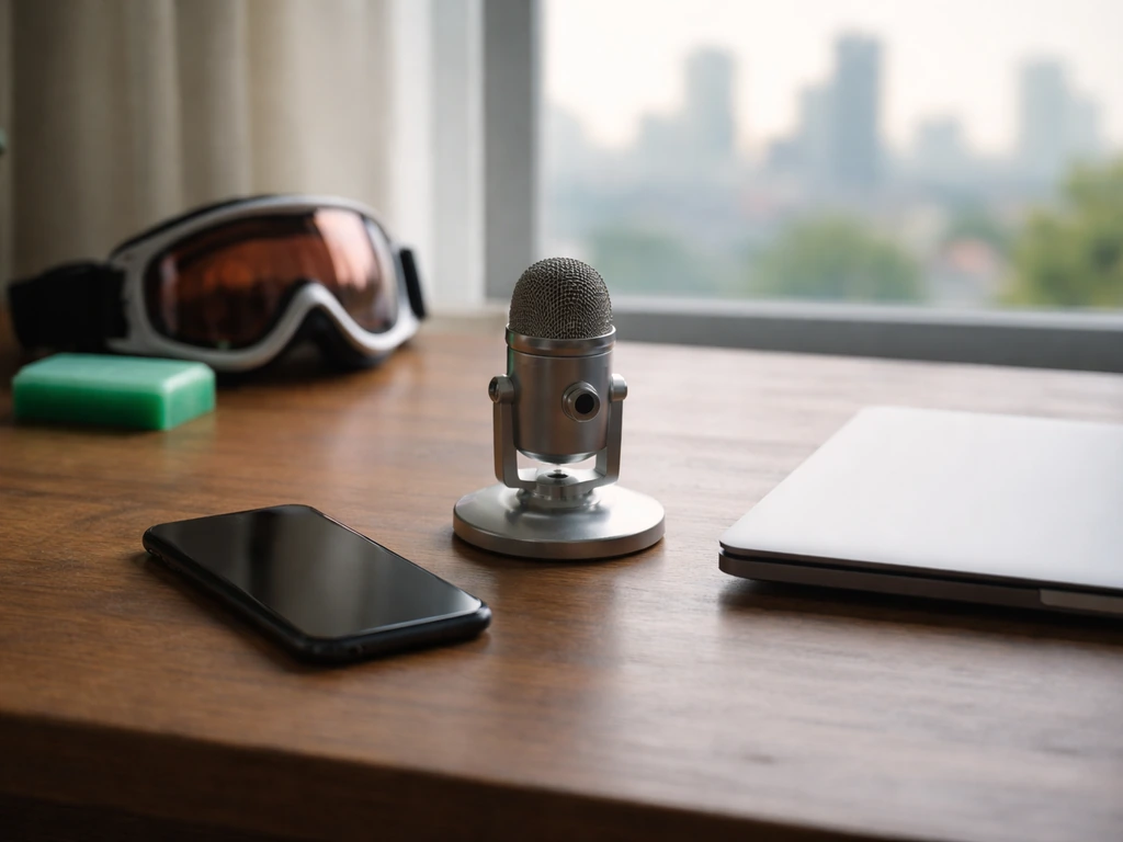 Minimal home-office desk with smartphone, microphone, and subtle sports gear near a window skyline.