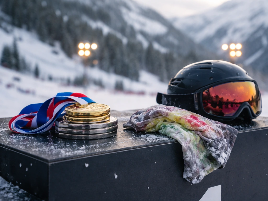 Close-up of shiny snowboard medals and gear on a simple podium with snowy background