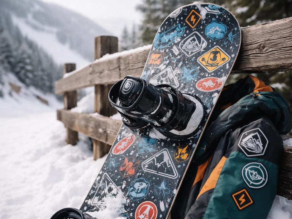 Close-up of a snowboard with sponsor-sticker style graphics in a quiet outdoor mountain setting.