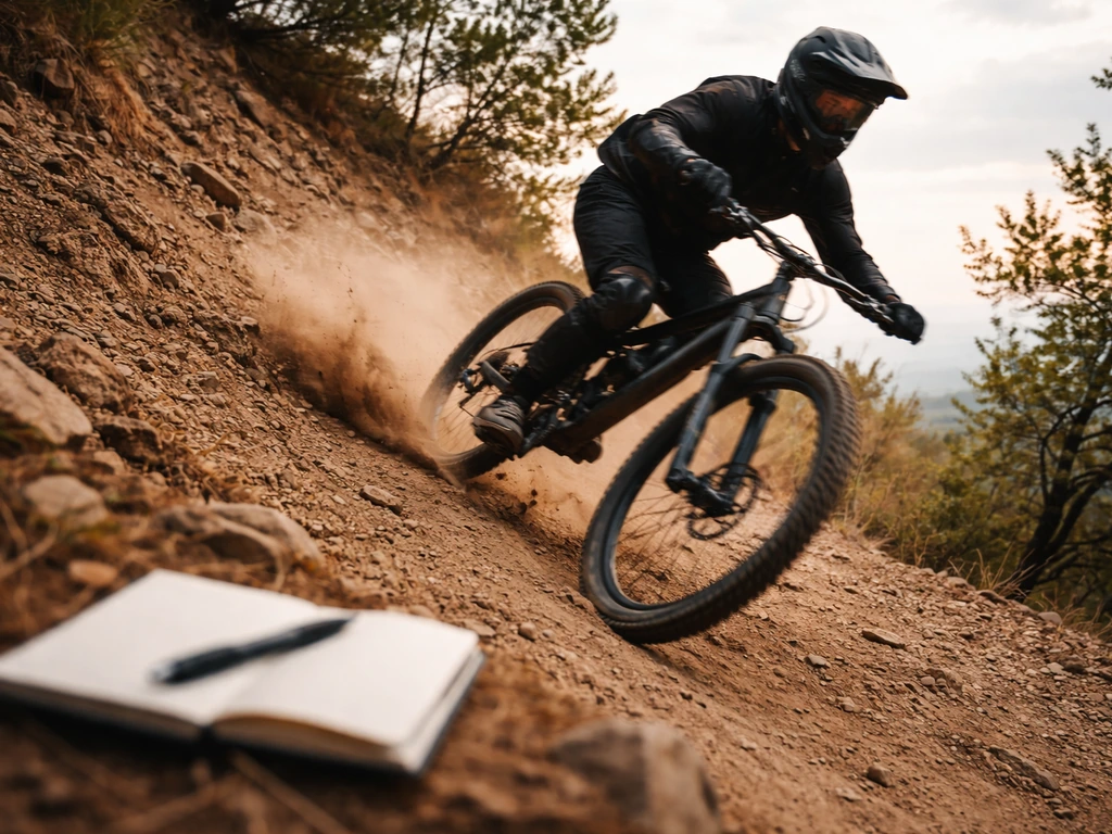 Anonymous downhill mountain biker riding a rocky trail with dust and a nearby notebook suggesting research