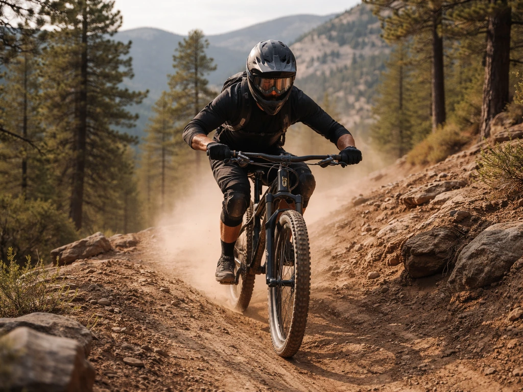 Anonymous downhill mountain biker on a dirt trail in Durango, Colorado with pine hills in the background.