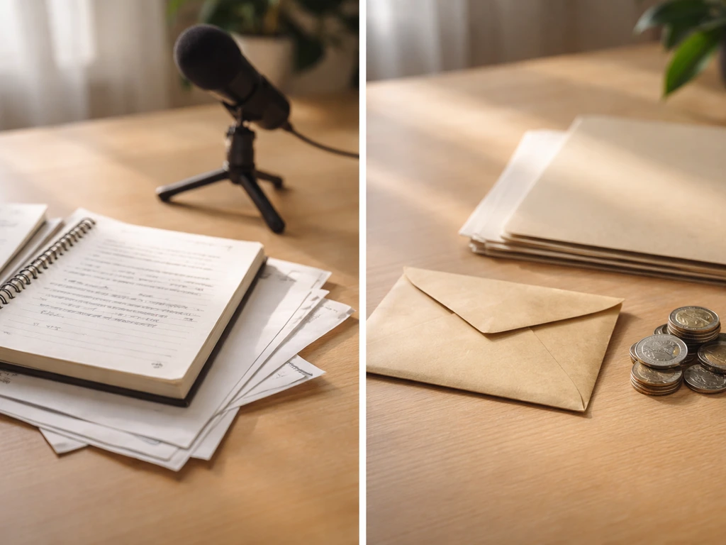 Split scene: open notebook and microphone near office desk versus a closed envelope and coins, symbolizing evidence limi