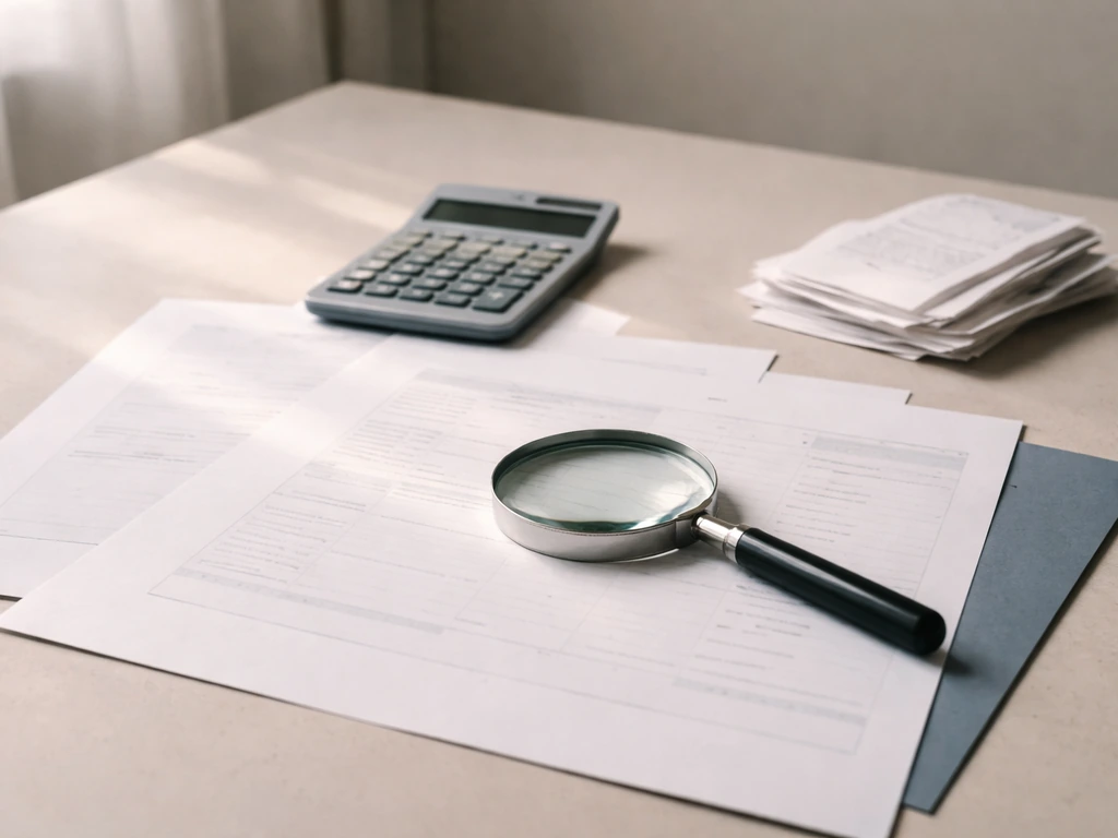 Minimal desk scene with papers, a calculator, and a magnifying glass suggesting net worth estimation